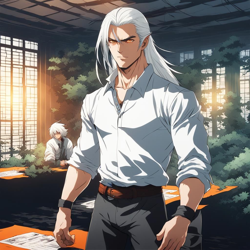 a strong handsome man in his 25s with long white hair wearin...
