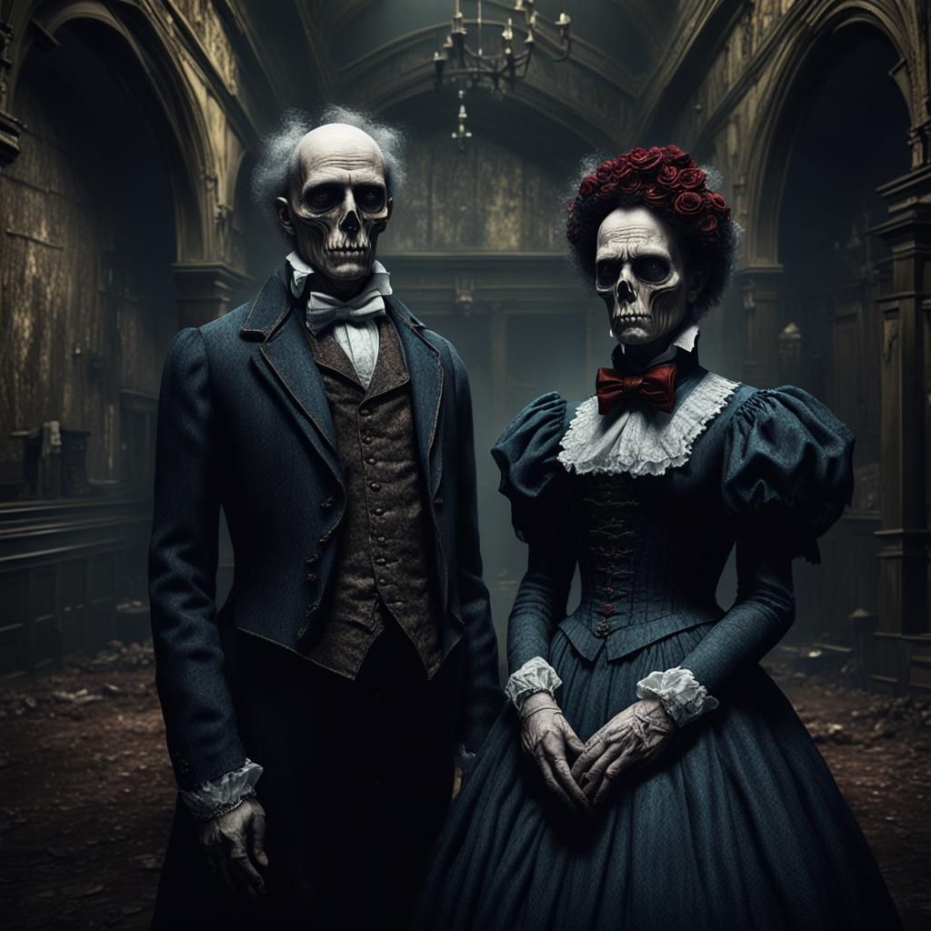 One torso, two heads in victorian dress in a gothic asylum, ...