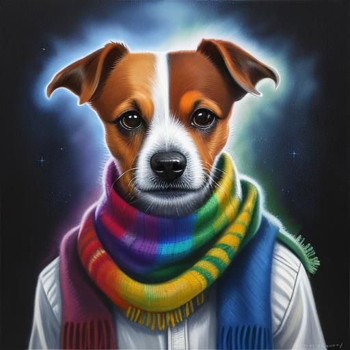 A jack russell terrier wearing a rainbow lights scarf