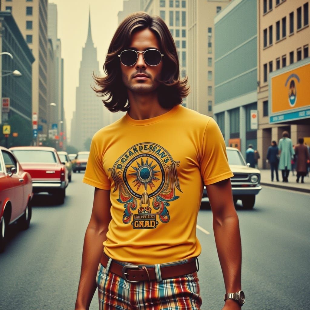  <lora:70s Chic V2:1.0> chromolithograph, by Olivia De Berardinis, man in a 1970’s Tshirt and bell bottoms, 70s chic, city backdrop 