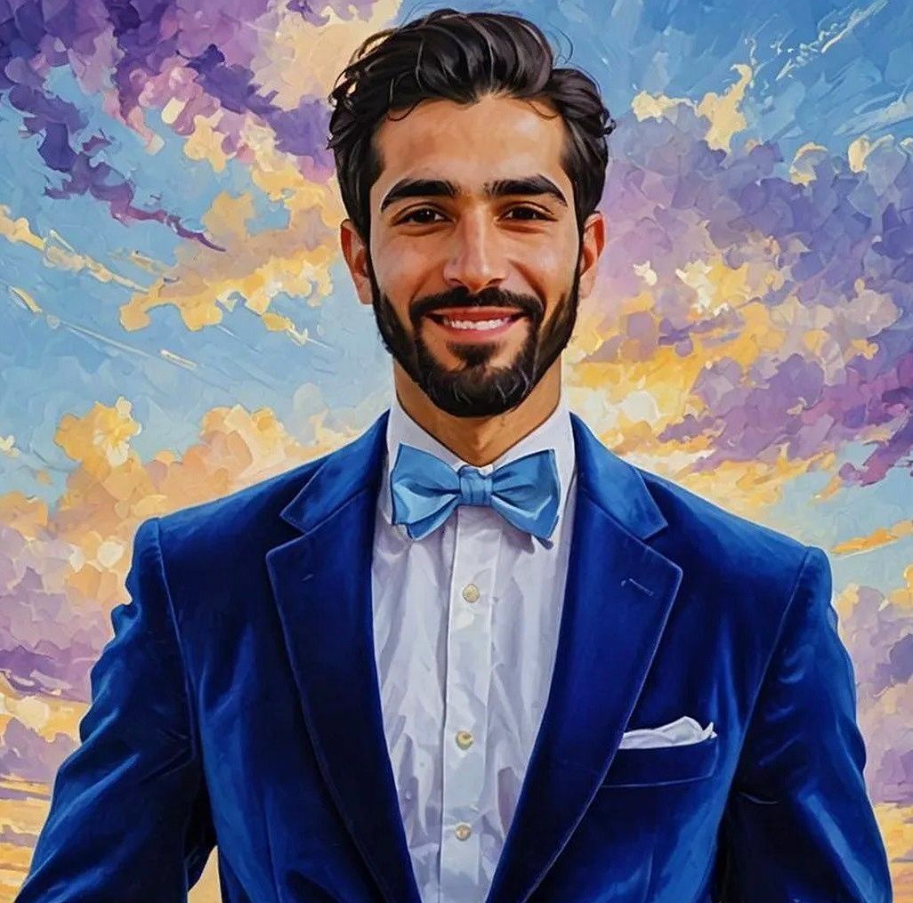 A handsome man  wearing  a   blue  velvet suit with a bow ti...