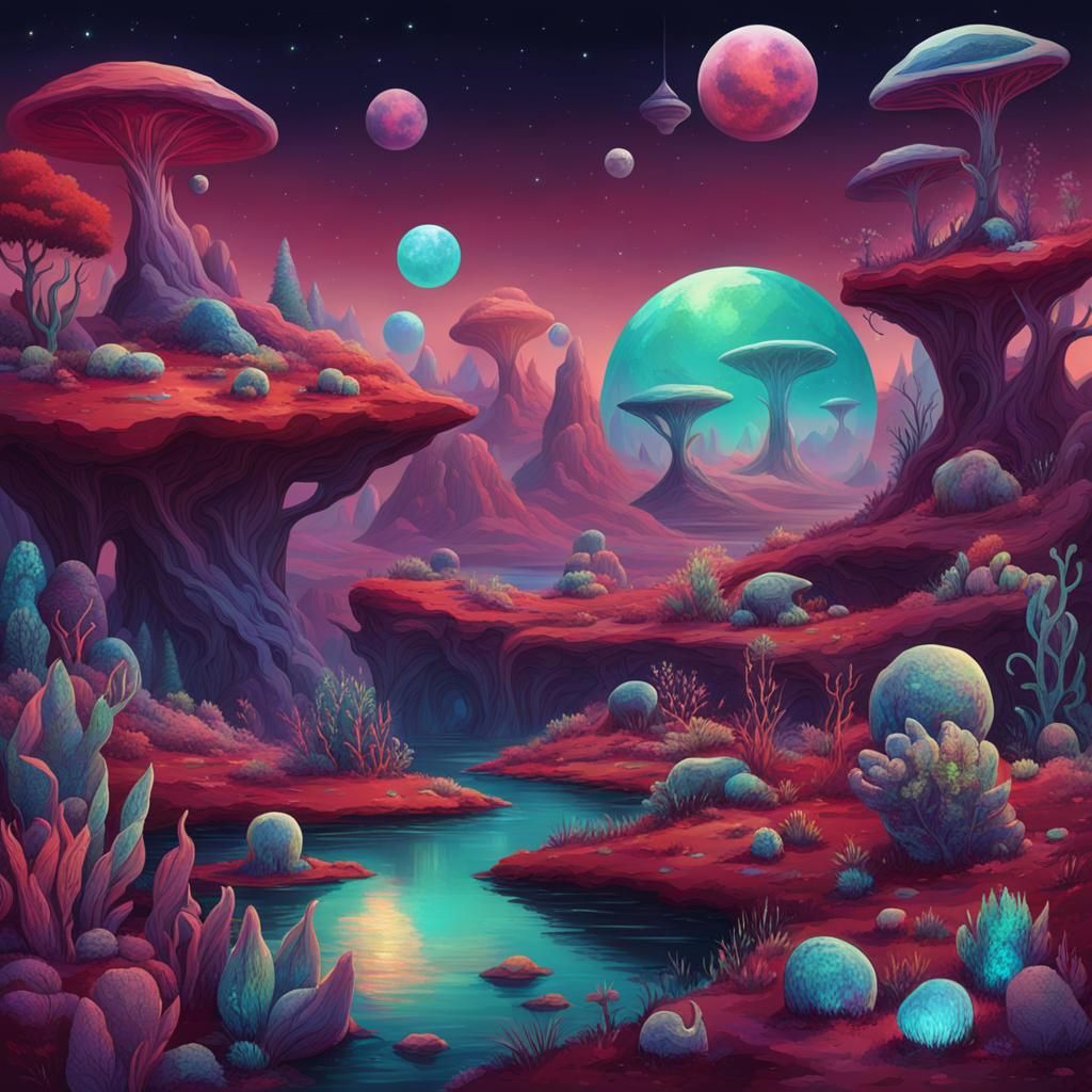 wild alien world with strange creatures and alien plants, jewel-tones, shades of garnet and opal