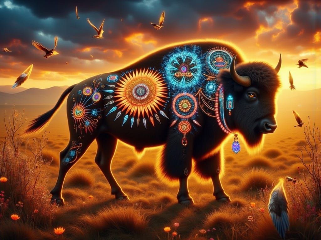 <lora:FiosAnimalGlowInk:1.0> Bison with Sunflower and Lakota Star patterns