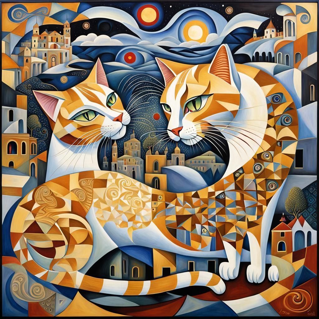 Surreal Cubist Dreamscape: amorous feline ecstasy, intricate detail, klimt, escher  by @Valagai