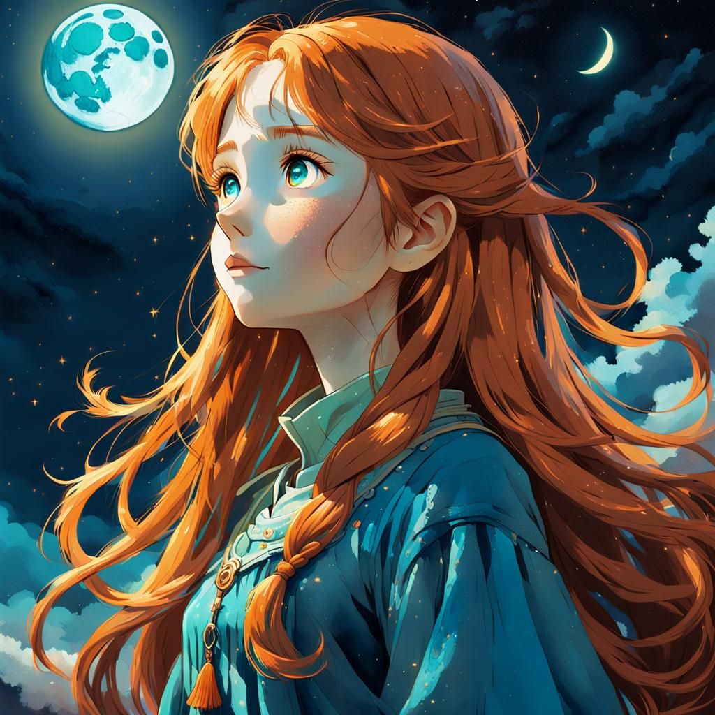Anime Girl Gazing at Moon in Watercolor Style