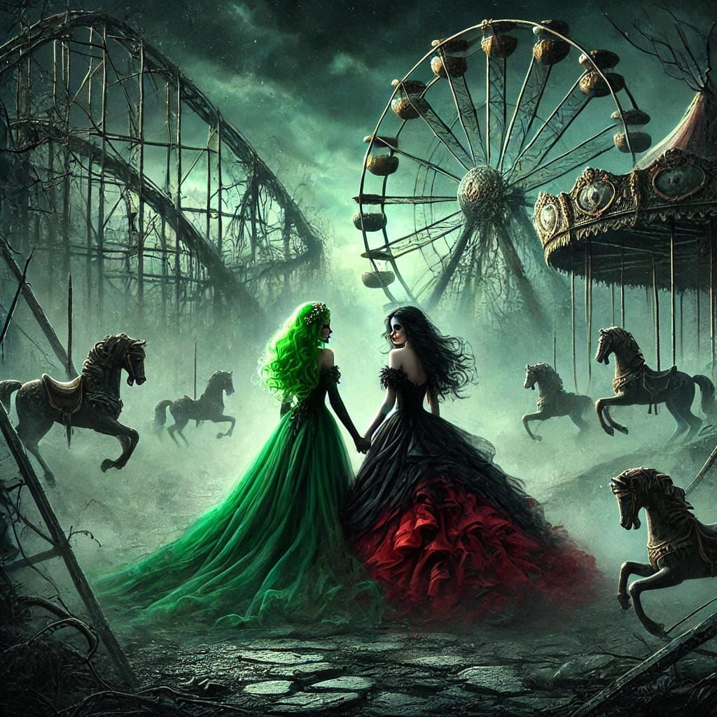 A witch and her lover in an attraction park