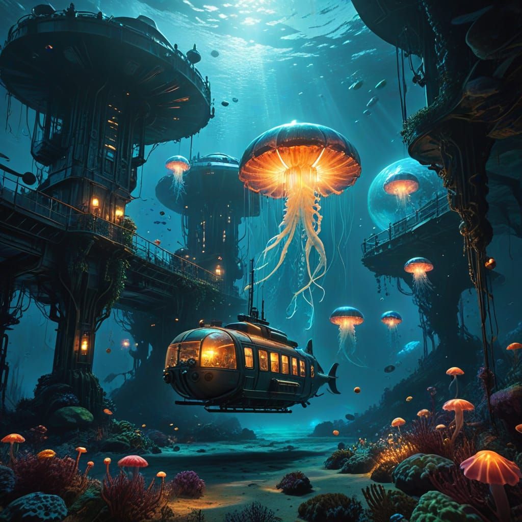 A human underwater neighborhood with a submarine school bus and traffic with small underwater submersible ...  by @RPGCatLover