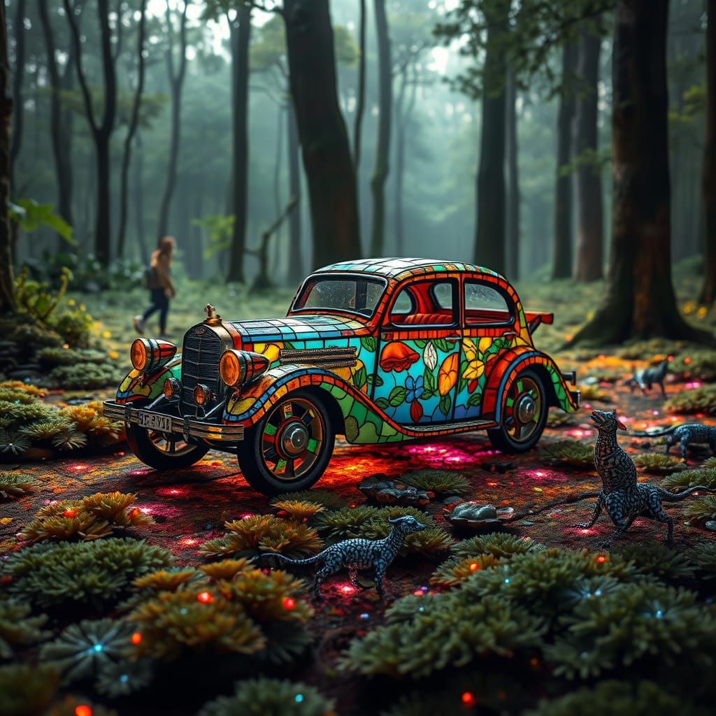 picture a vintage car crafted from stained glass, its wheels spinning through a serene forest glade, ...  by @blenta