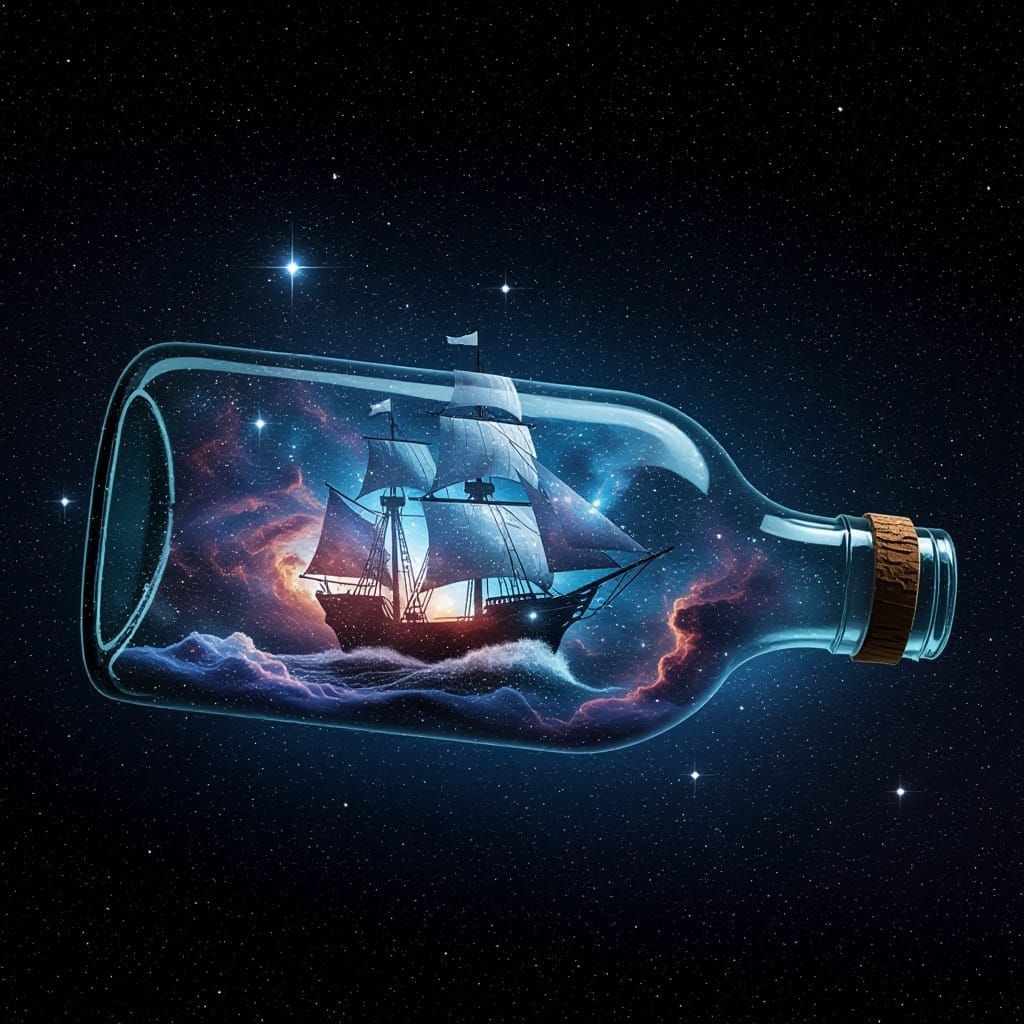 Celestial Ship in a Bottle
A glass bottle floating in space, holding a sailing ship made of starlight and nebula clouds, sailing through a c...