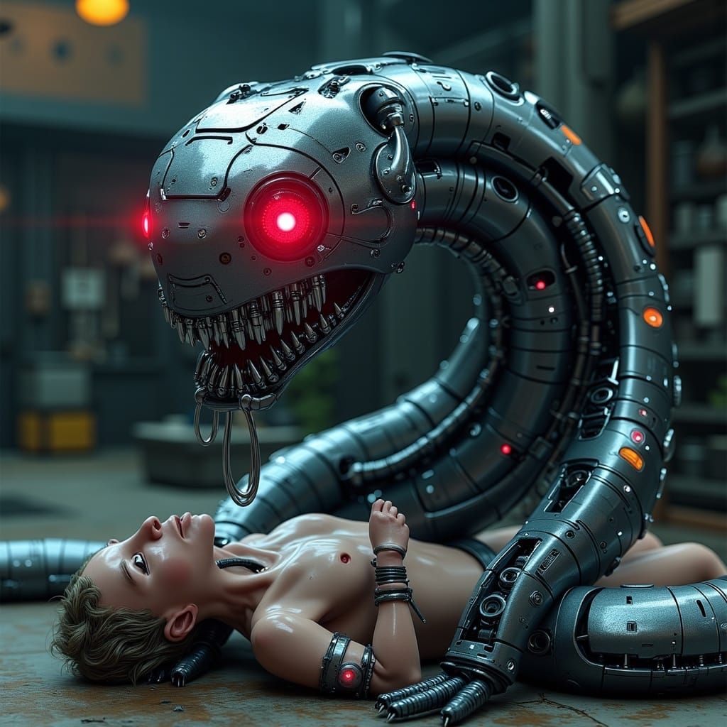 <lora:Mech Reboot vFLUX:1.0> A snake robot terror, inflicting pain on human subjects, style of a pop-up story book, glossy specular light re...