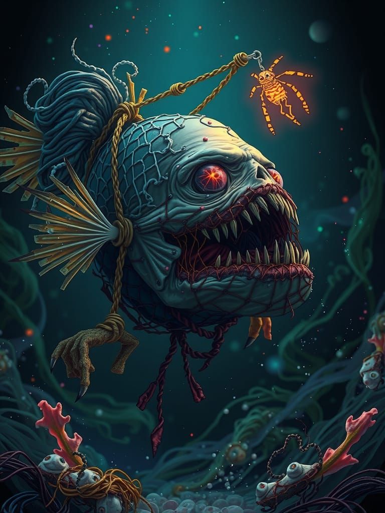 zombie but super creative colors in mesmerizing magnetic deep sea with dynamic highlights of Alien anglerfish ...  by @Showy
