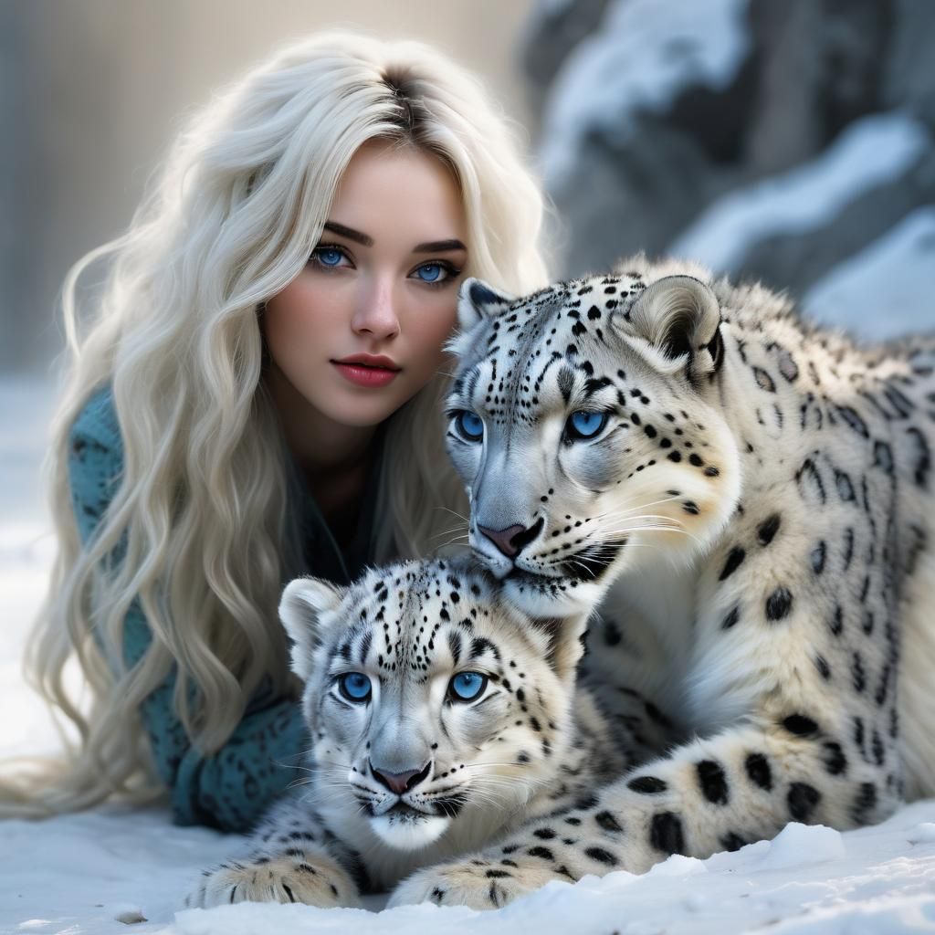 Girl and Snow Leopard Cub: Surreal Digital Art