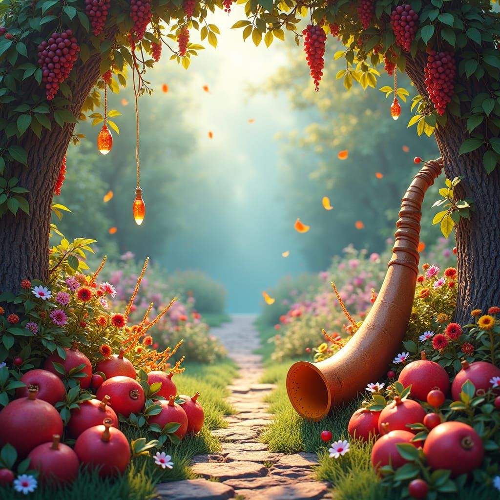 Joyful Rosh Hashanah Scene in a Whimsical Garden