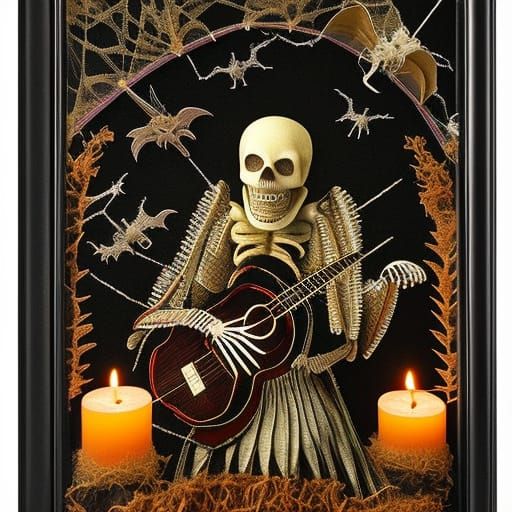 Skeleton Guitarist in Spooky Textile Art Style