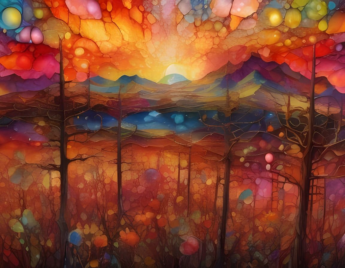 <lora:PR Stained Glass:1.0> City in flames, Hellscape Sunrise, High mixed media 3D en-caustic painting; double exposure over newsprint, scul...