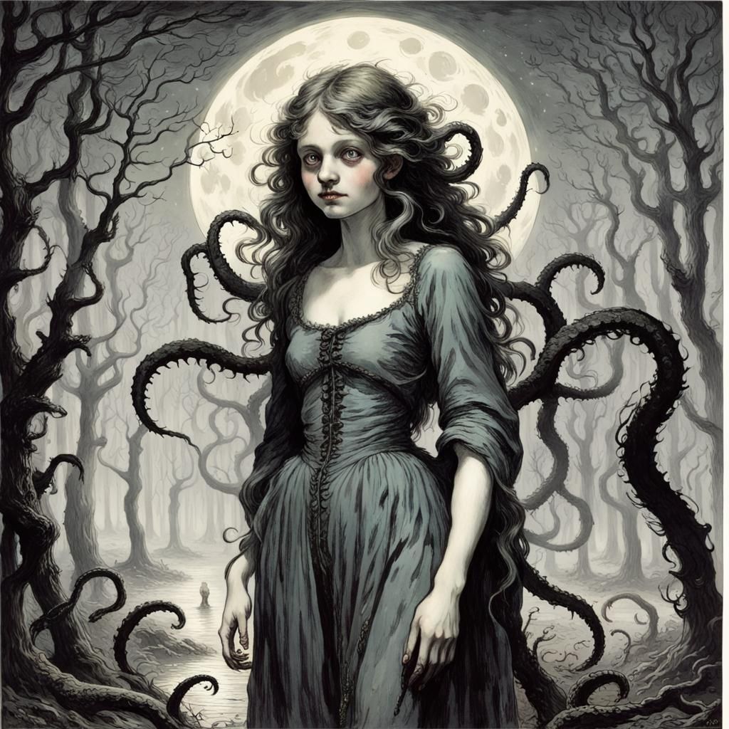 Scary,pale,malnourished and beautiful girl,have black tentac...