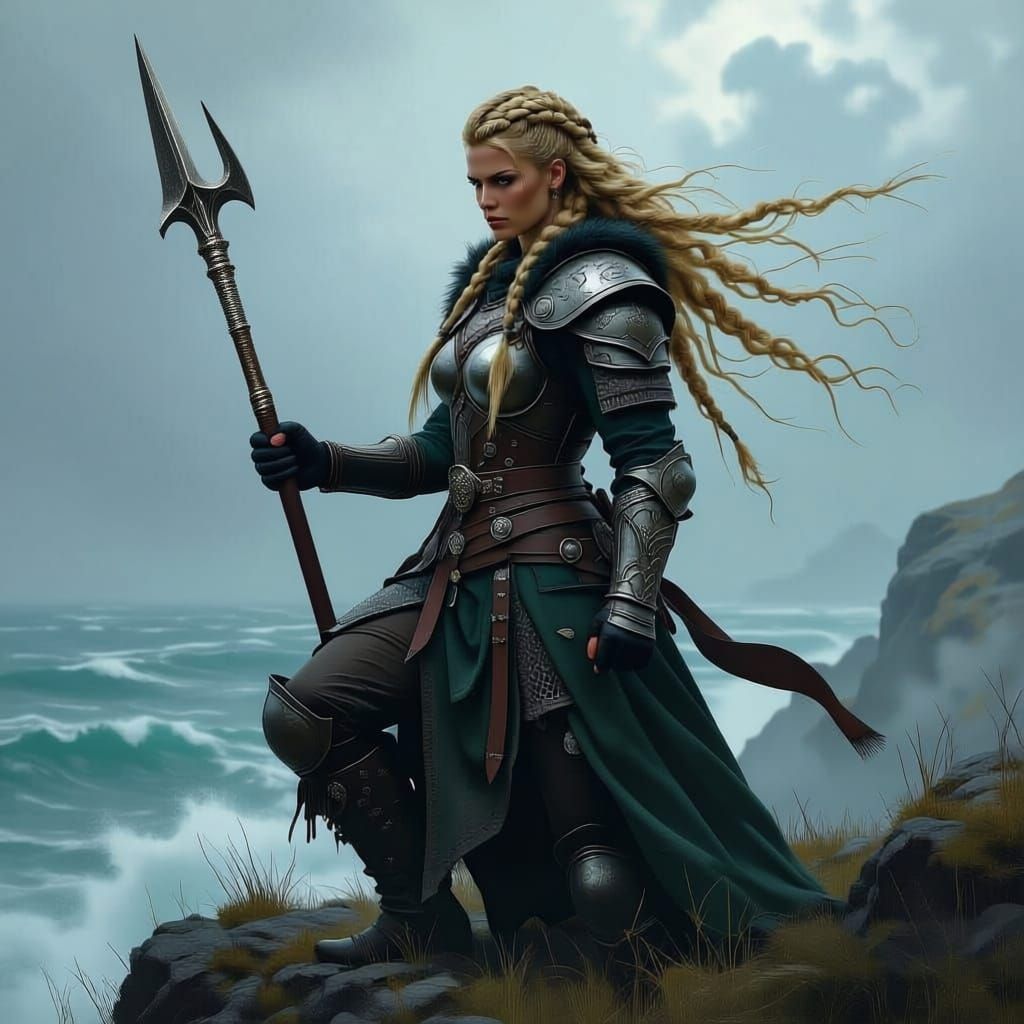 A fierce Viking warrior maiden, clad in ornate, weathered armor, stands defiantly on a windswept cliff overlooking a stormy sea. Her long, b...