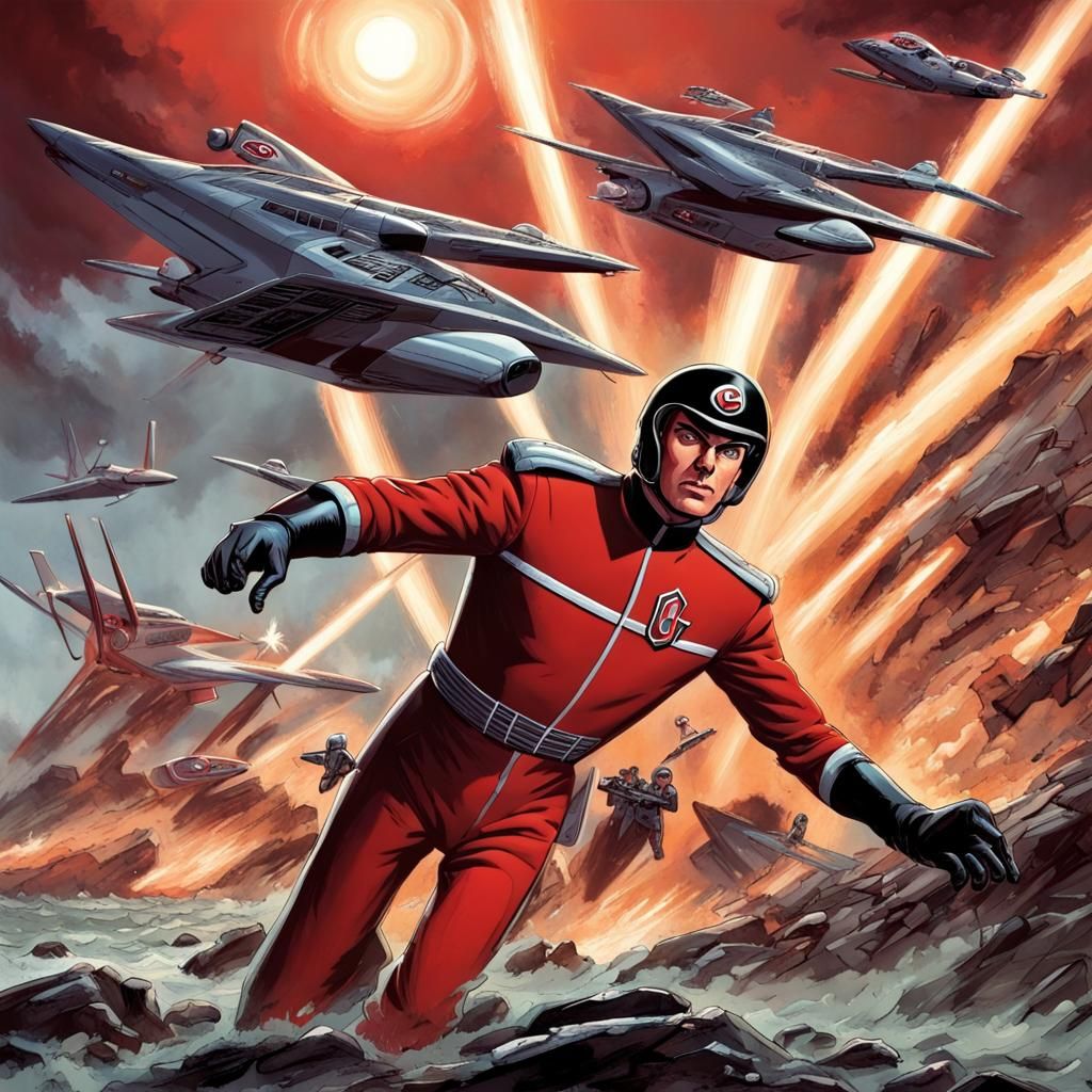 Epic battle scene of Captain Scarlet at war with the Mystero...