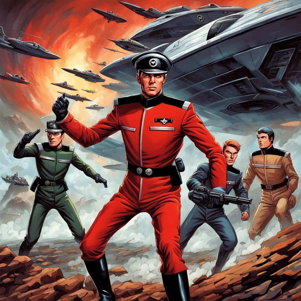 Epic battle scene of Captain Scarlet at war with the Mystero...
