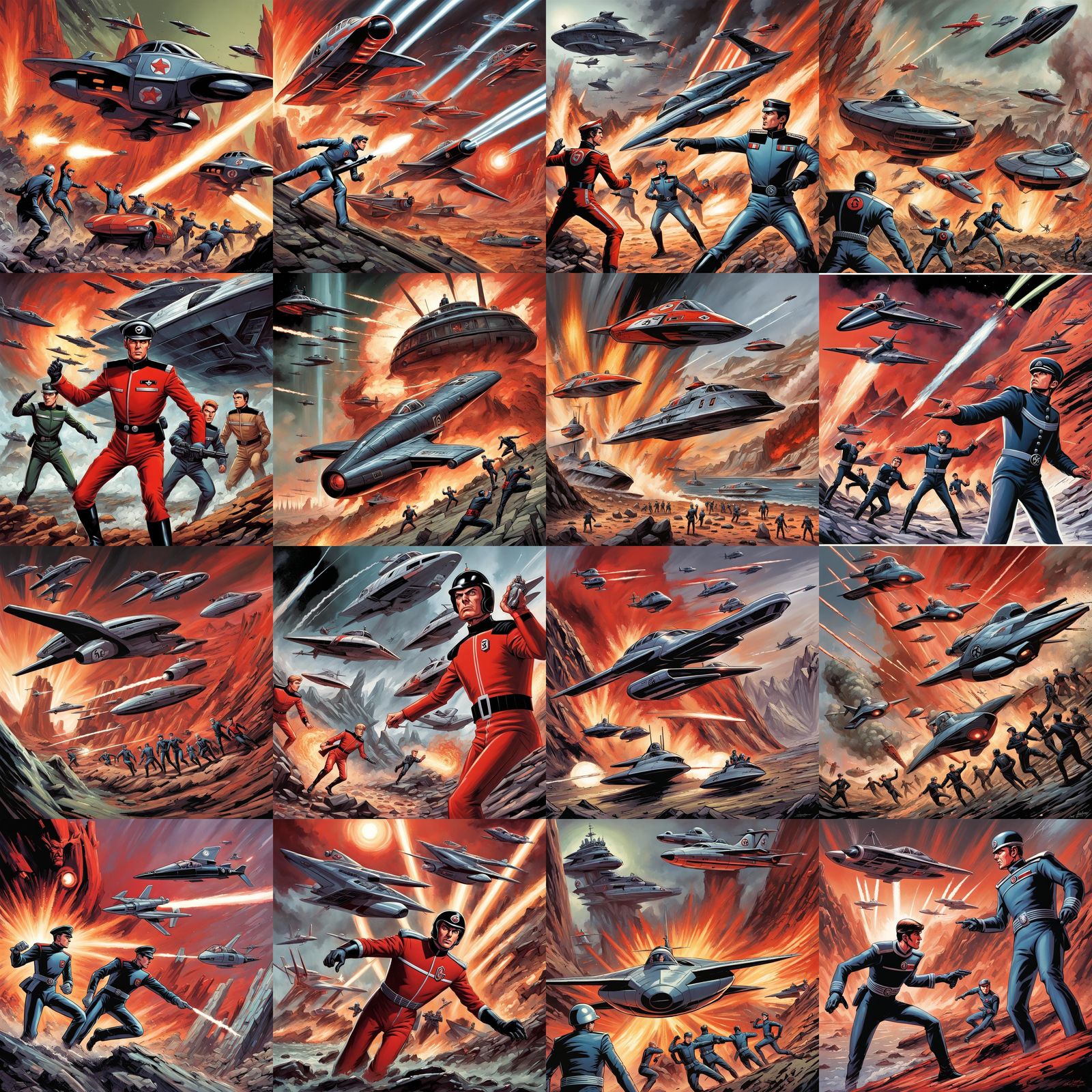 Epic battle scene of Captain Scarlet at war with the Mystero...