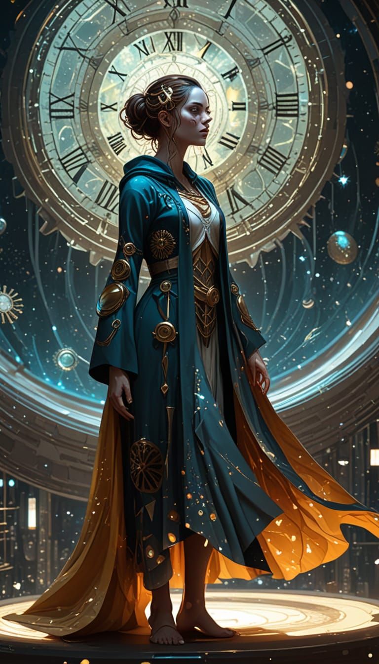 A 6 dimensional celestial observatory floating in space, constructed from brass, glass, and crystal. Gigantic gears and clockwork arms rotat...