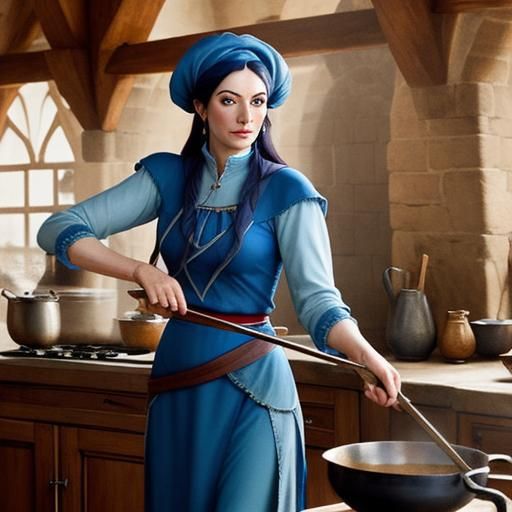 A medieval cook in a blue tunic and red leggings, stirring a cauldron