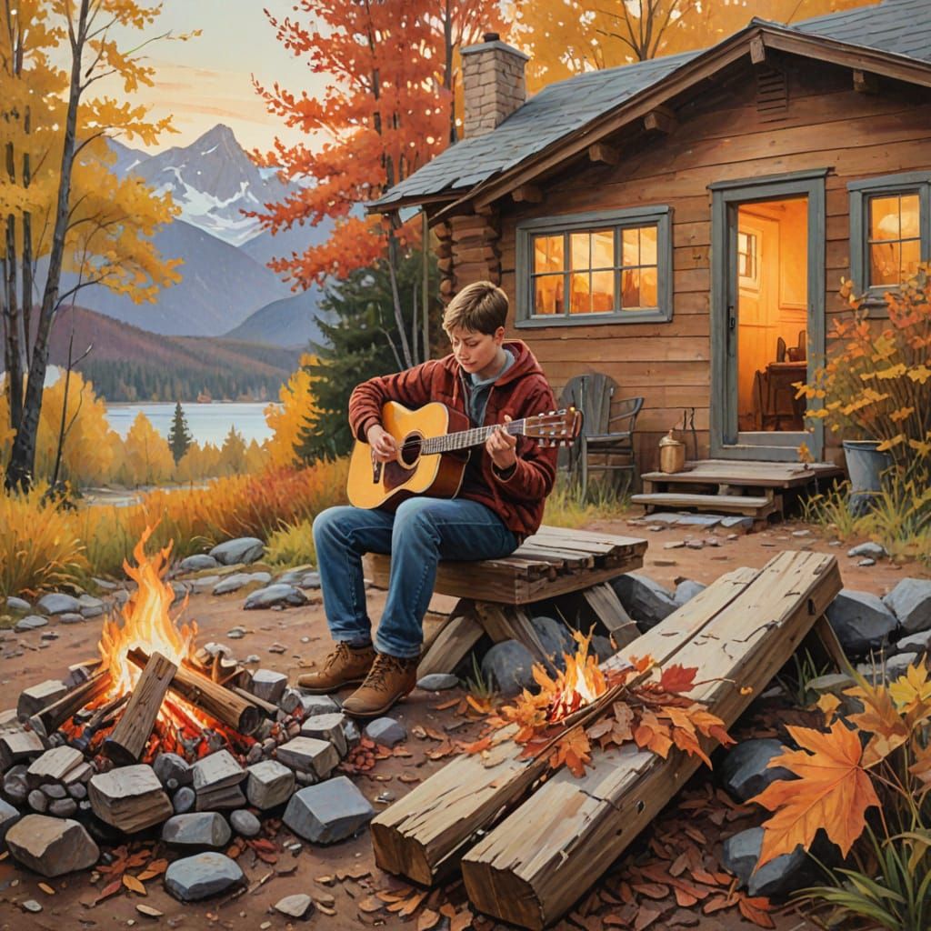 A solitary boy sits by a crackling campfire outside a rustic cabin, strumming a worn guitar. The scene is set in a serene natural landscape ...