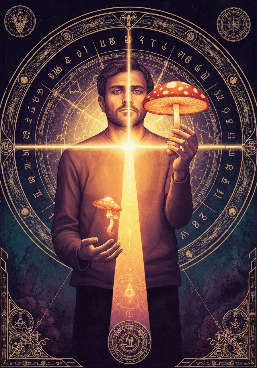 Mystical Mushroom Man Connected by Light Beam