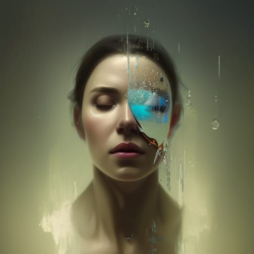 A broken mirror reflecting a woman's face