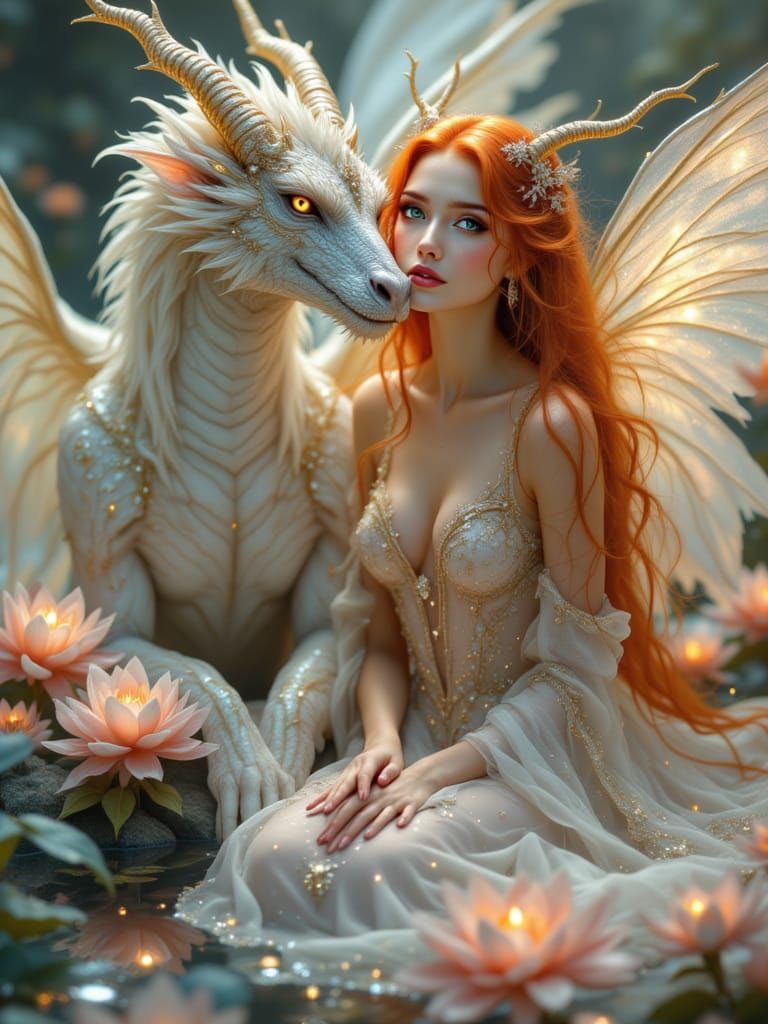 <lora:Pre Raphaelite woman:1.0> An ethereal and intricate fantasy artwork featuring a celestial dragon and a mystical horned angelic figure ...
