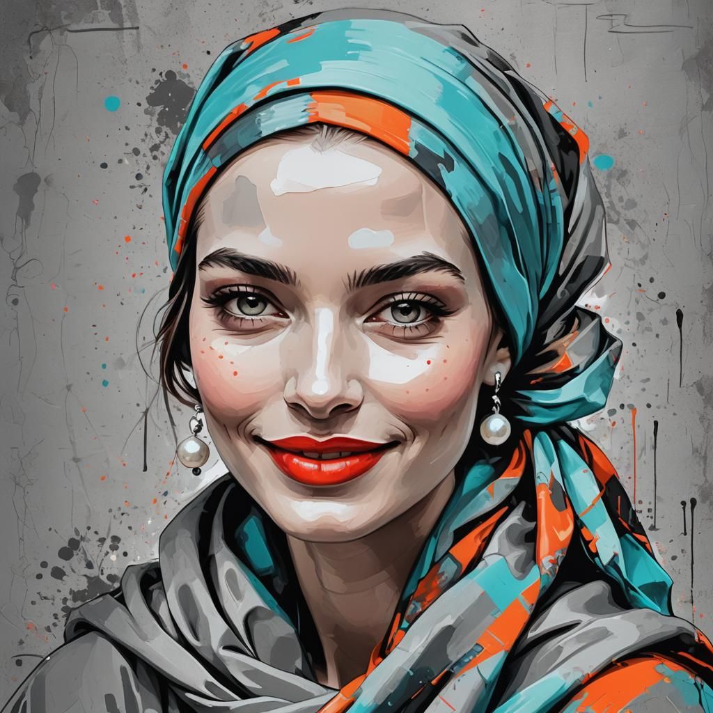 Girl with a pearl and headscarf smiling glossy red lips, wit...
