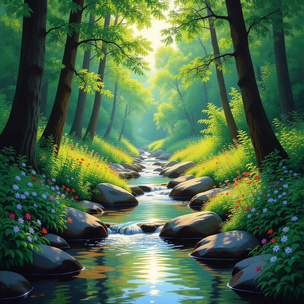 Lush Forest Stream in Impressionistic Style