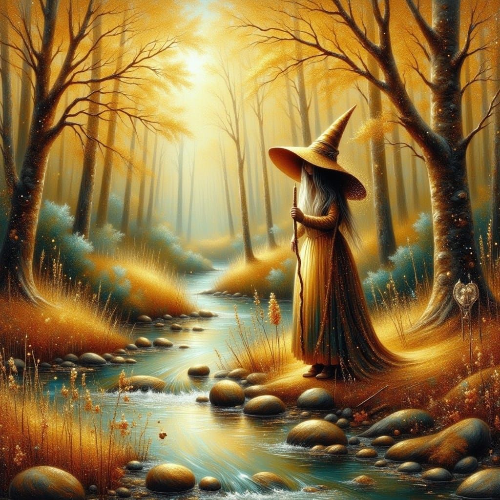 <lora:Touch of Gold:1.0> fall antique witch in the woods by a creek with touches of gold glitter acrylic oil watercolor 