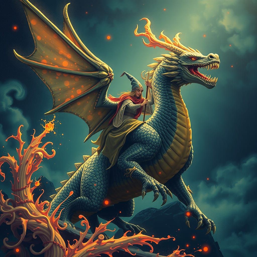 Surreal Wizard Rides Dragon in Art Deco Renaissanc... - AI Art
