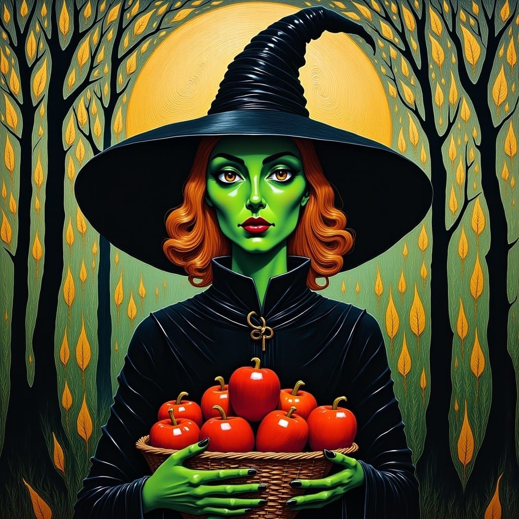 <lora:Witches:1.0> "A Halloween witch with a green face and a pointy hat. She is wearing a robe and holding a basket of apples. The backgrou...