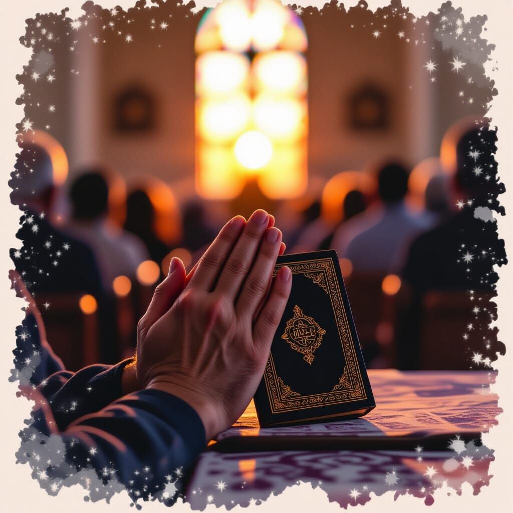 Hands in Prayer at Twilight in Synagogue