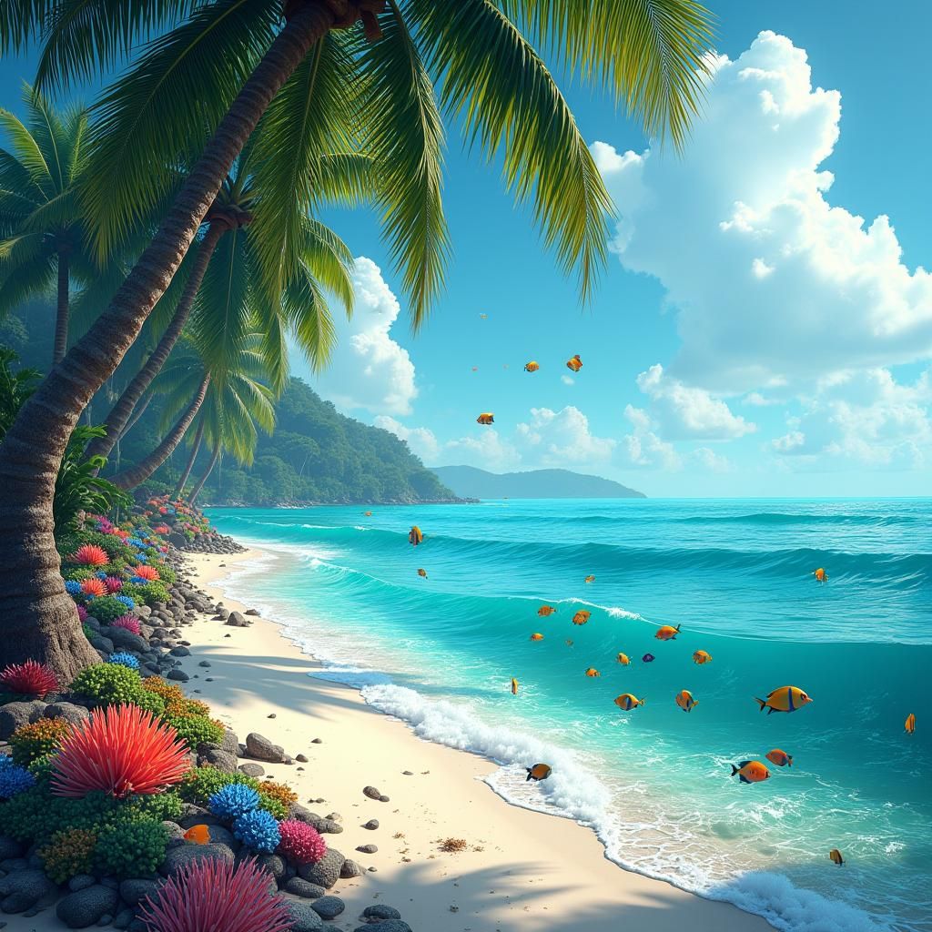 Coconut trees sloping downwards to the white pearly beach covered with rainbow-colored sea shells and corals with the sea sparkling clear cr...