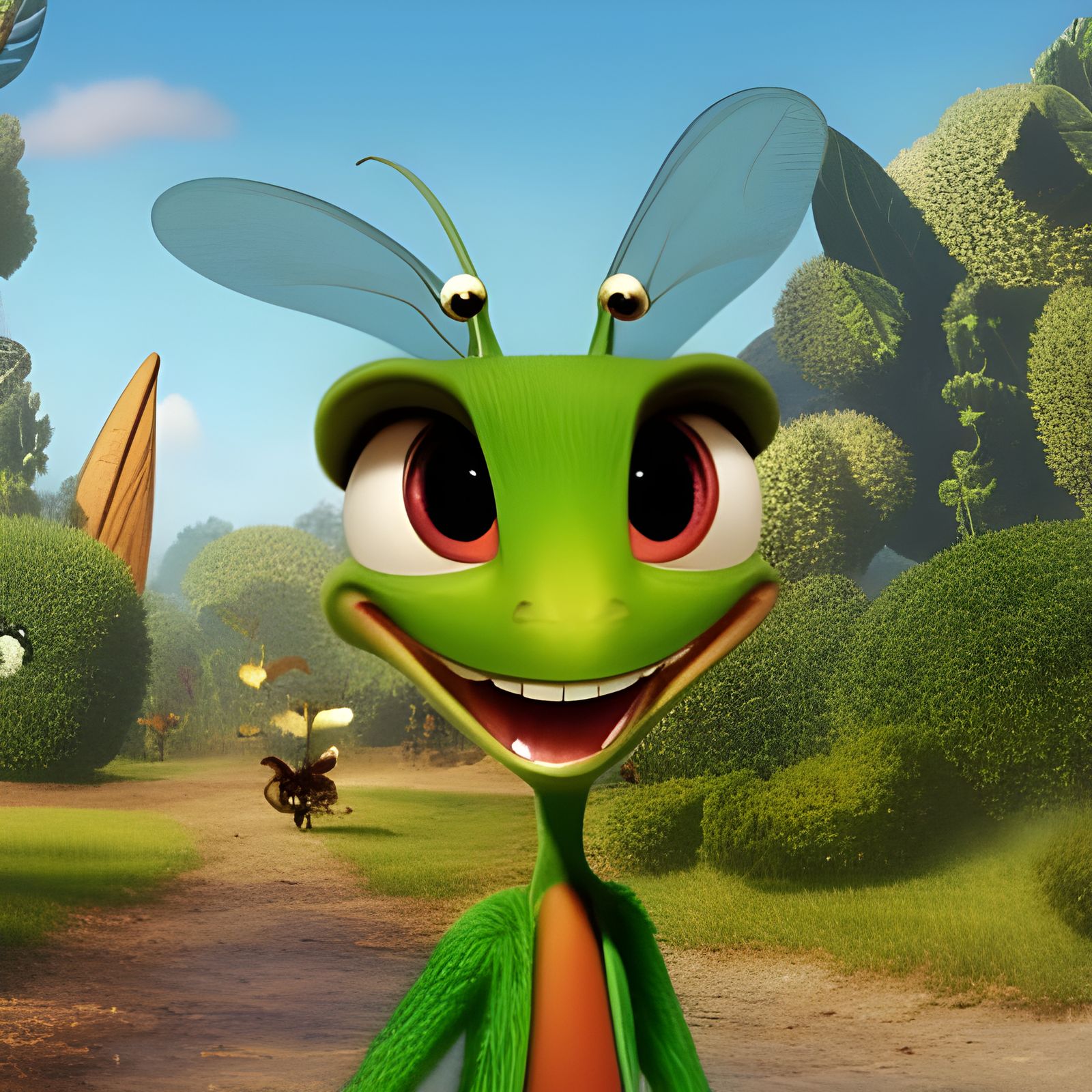 An anthropomorphic grasshopper wears a crown, don Bluth style, Pixar ...