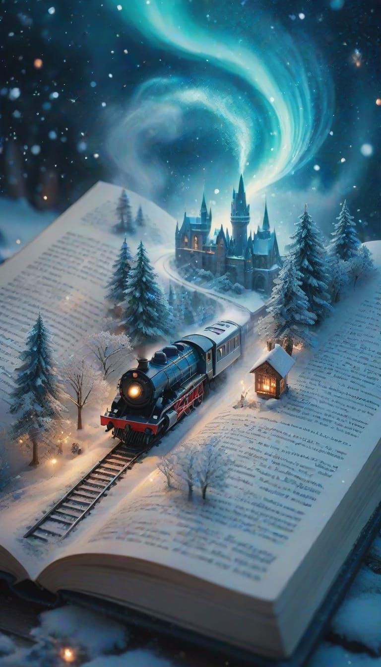 Blue Steam Train in Winter Wonderland
