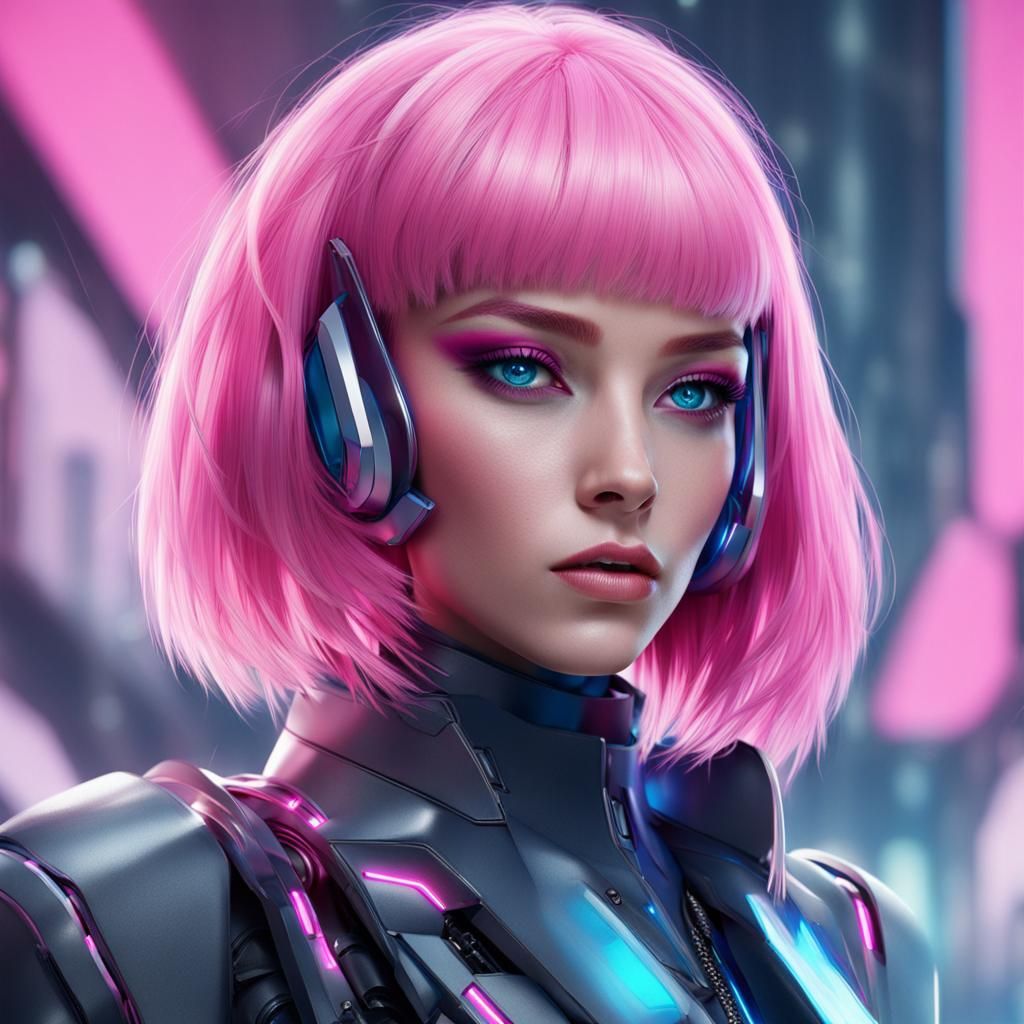 pink-haired, bob cut, futuristic female, blue eyes, slim bod...