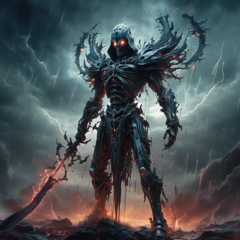 Dark Armored Warrior with Glowing Scythes