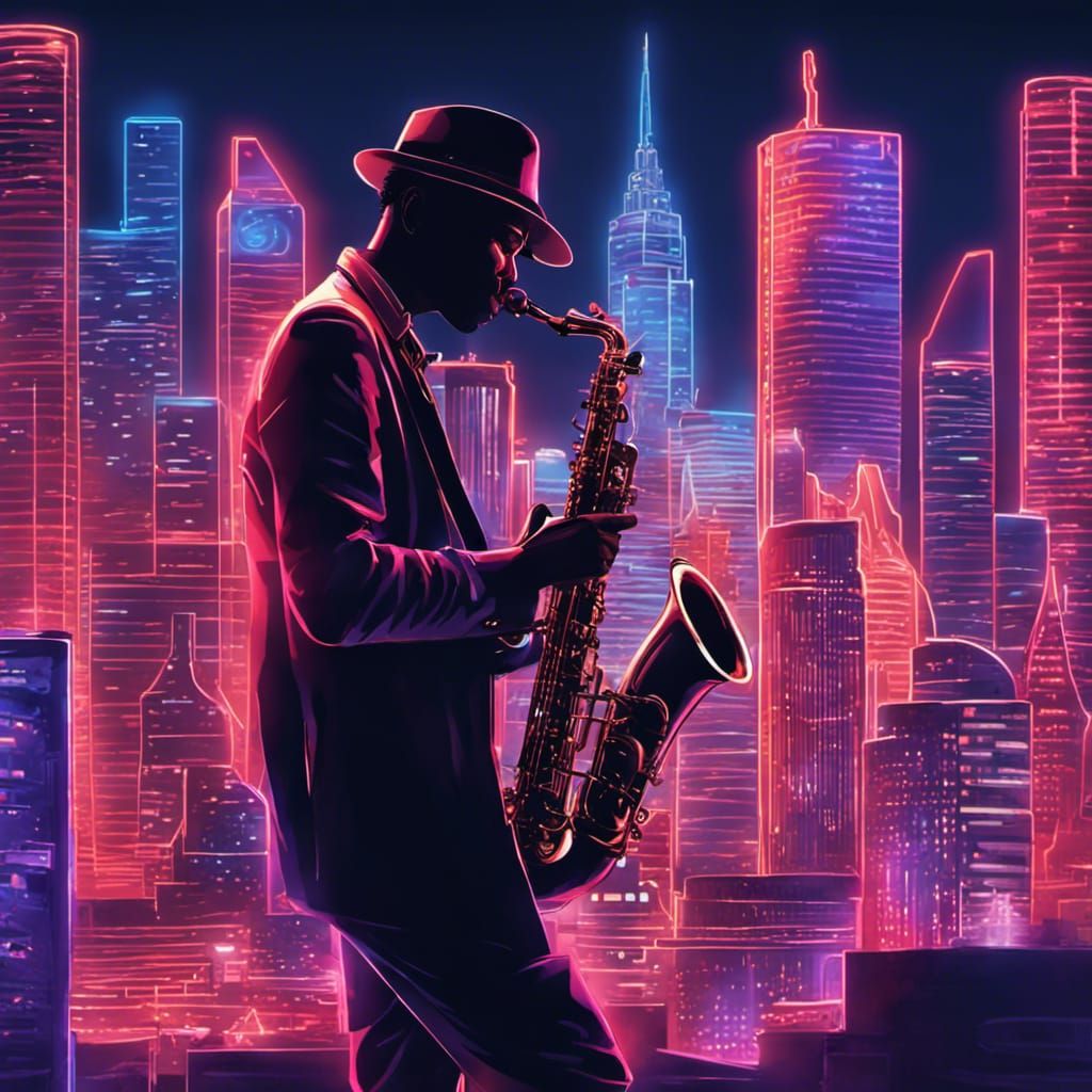a breathtaking composition where a neon-lit cityscape serves as the backdrop for a saxophonist with a ... false