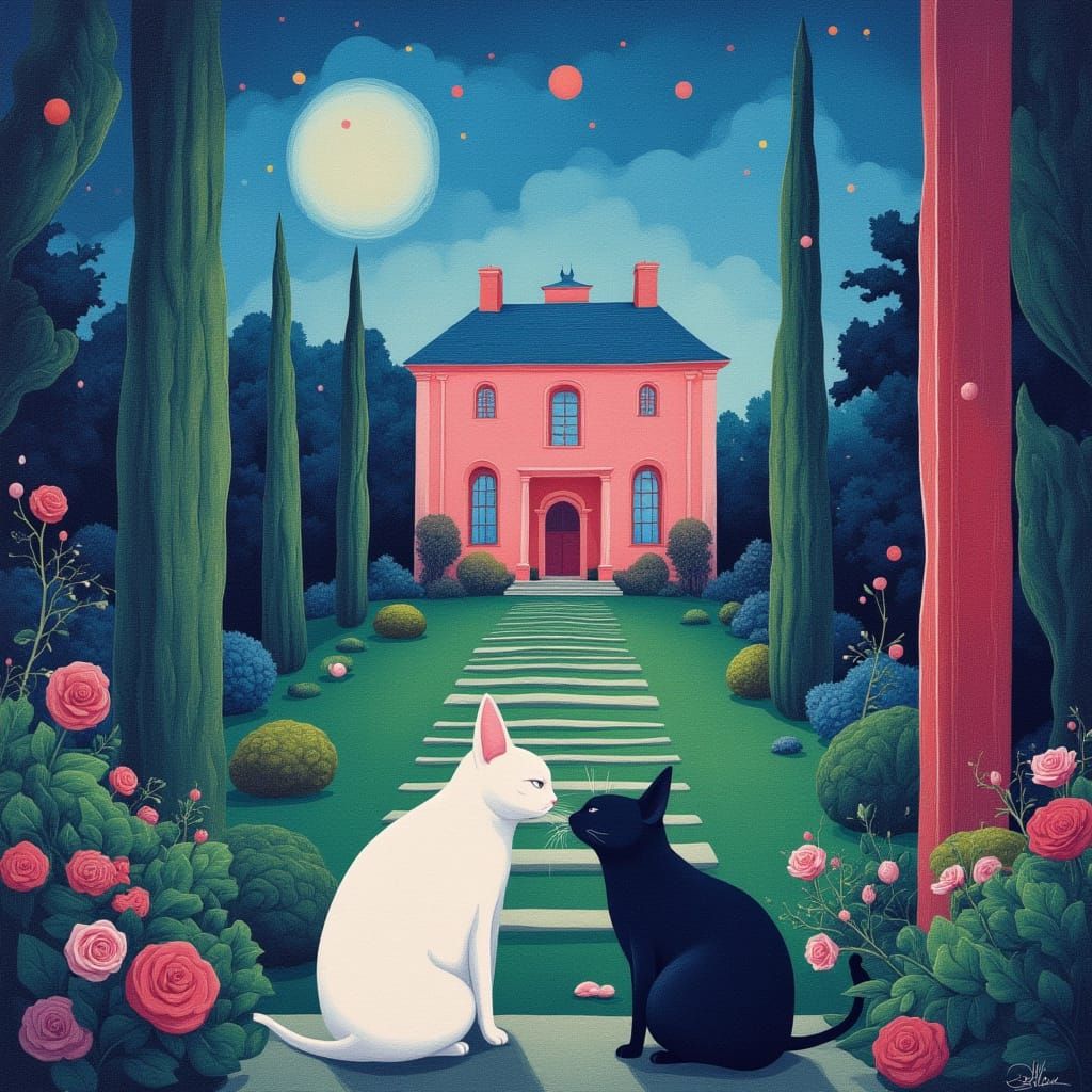 Catington Manor : <lora:CSS2Flux:1.0> A pair of kittens playing in a courtyard with lush gardens and a manor house in background, evening sky with moon and st...