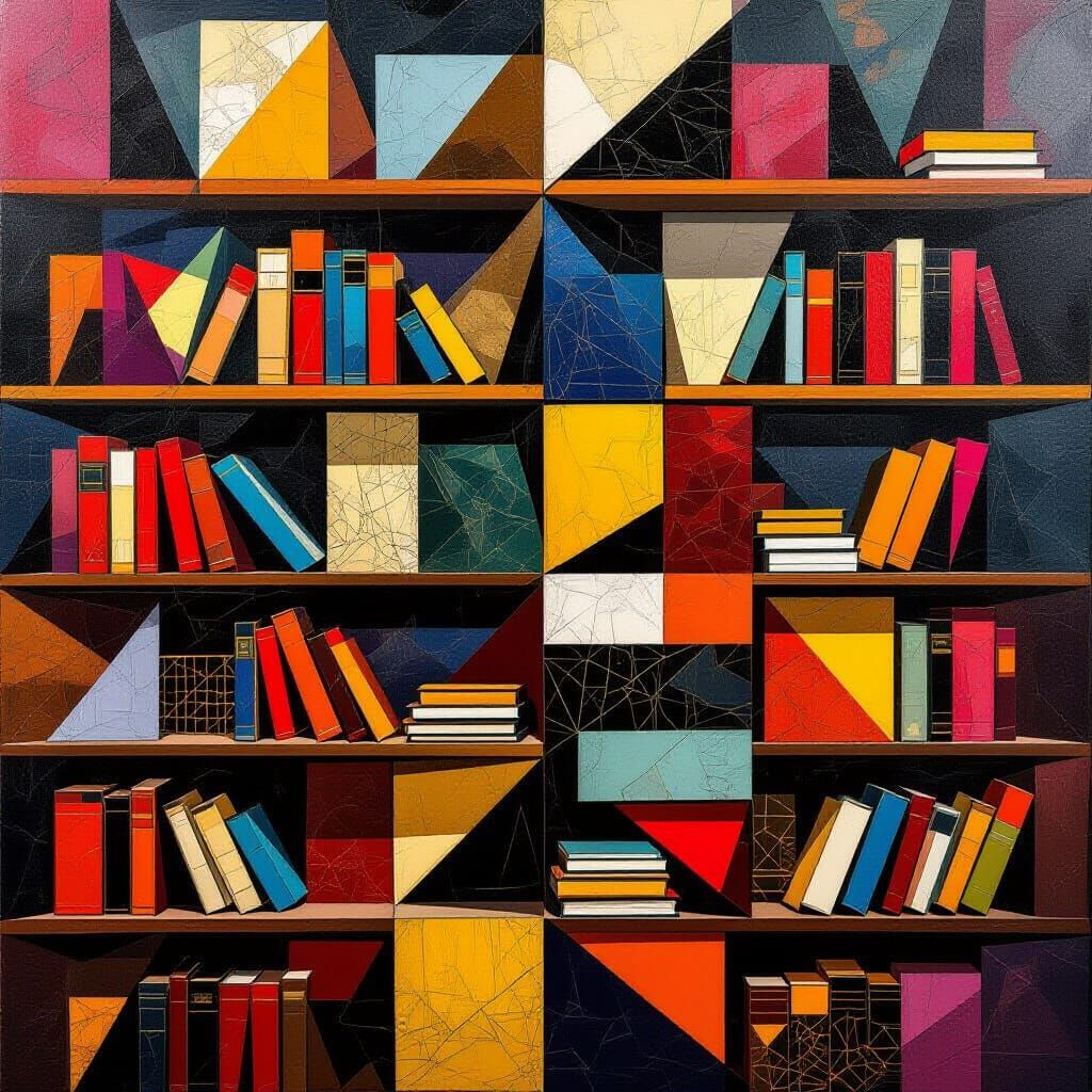 Colorful Books in Maximalist Neo-Cubism Style
