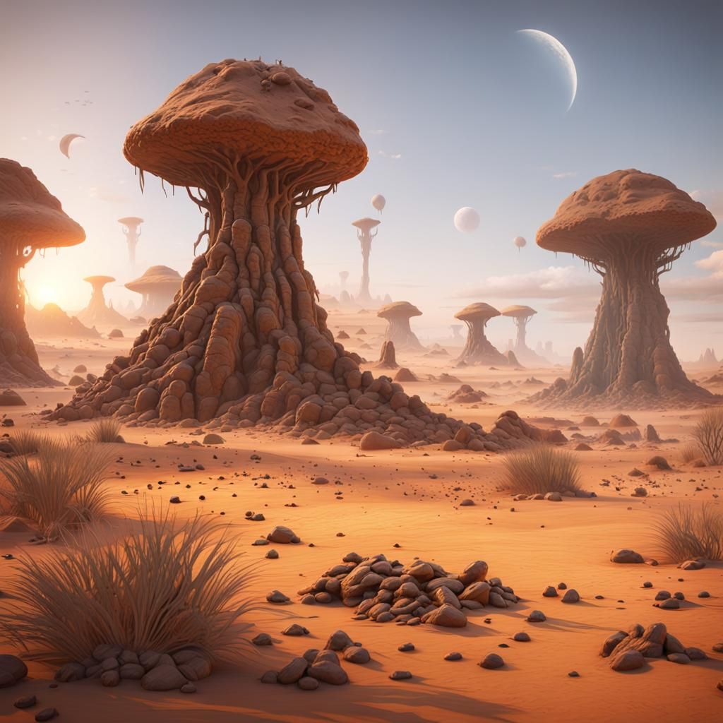 flat alien desert with huge termite mounds