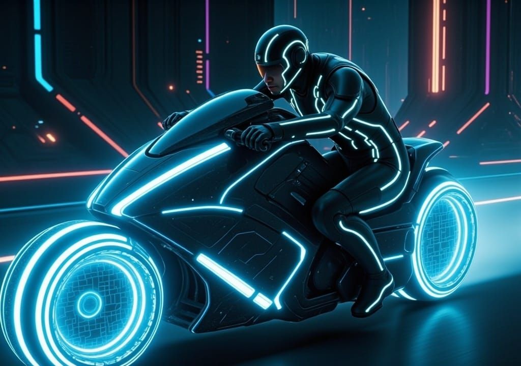 Rider on a Tron Legacy lightcycle from 2010 Tron Legacy movie <lora:Tron Legacy bike:1.0> 