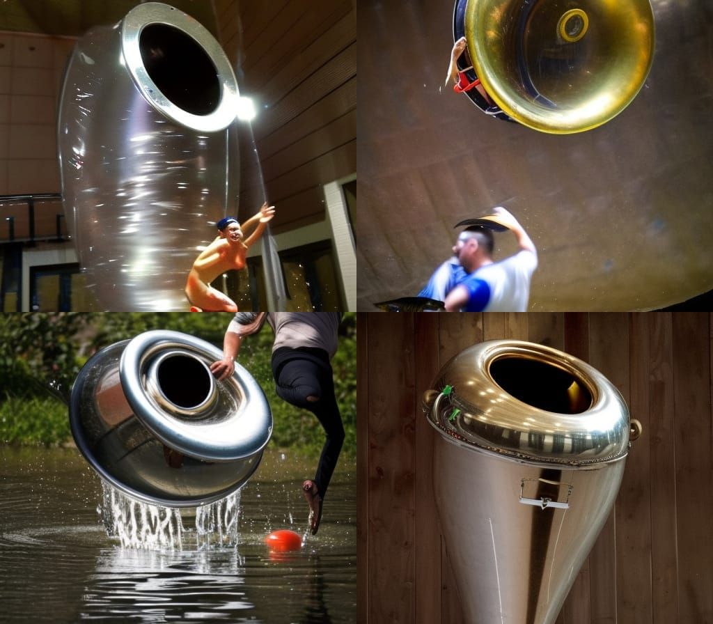 fish jumping from tuba full of water