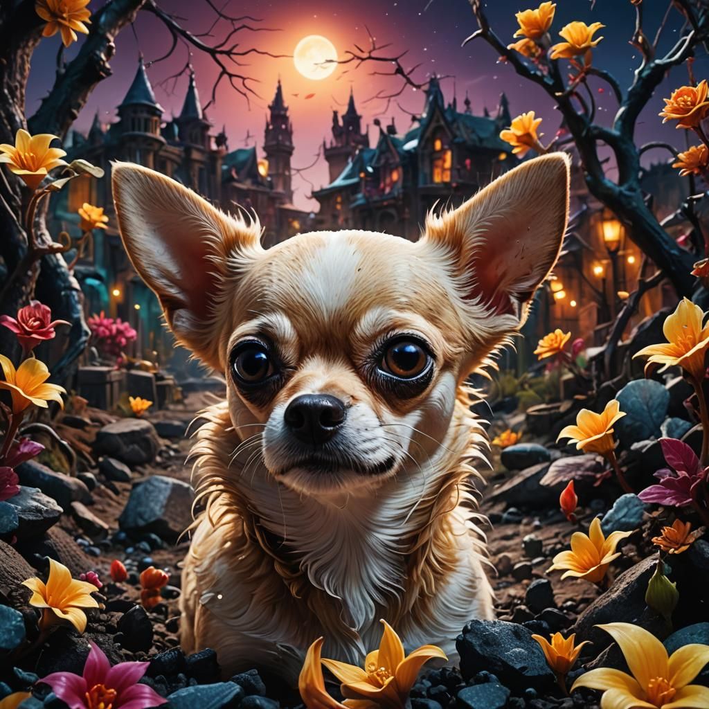 Surreal Macro Photo: Chihuahua Face Among Fireflies