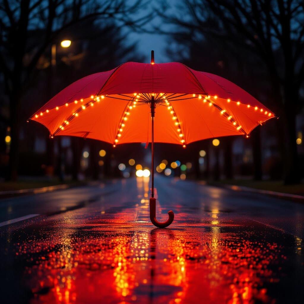 A large umbrella whose connections are made of orange-red LEDs stands in the middle of a dark road, illuminating all sides.
