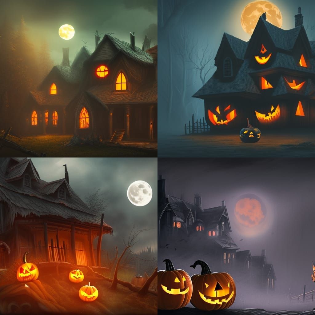 black sky, full orange moon, scary cabin, scary jack--o-lanterns, bats ...